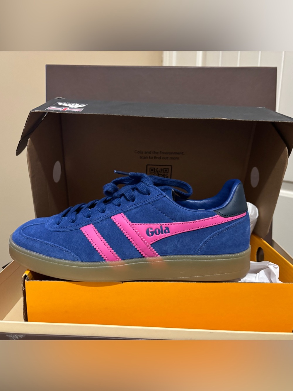 Gola Blue Suede Sneaker with Pink Stripes